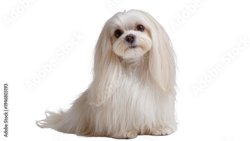 Fotografie Isolated cute long-haired white Maltese dog sitting patiently and looking direct
