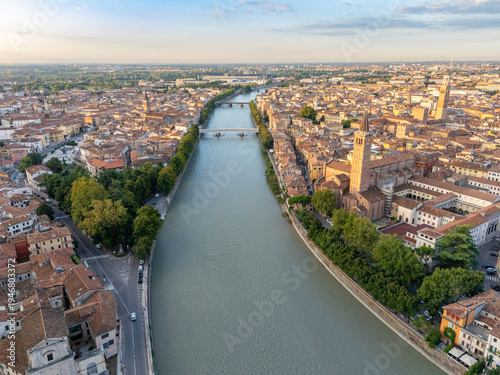 Tableau sur toile Aerial View Verona Italy and the Adige River at Sunrise with Historic Buildings