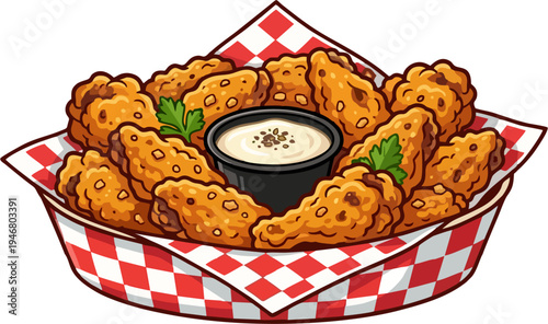 Crispy Fried Chicken Wings in Red Checkered Basket with Creamy Dipping Sauce and Parsley Garnish