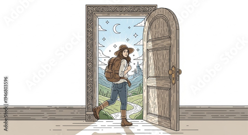 Person Stepping Through Ornate Doorway into a Bright, Natural Landscape.