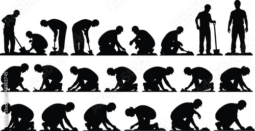 Set of worker silhouettes digging soil and planting seeds with shovel, manual labor sequence showing outdoor gardening, agriculture and construction ground work activities