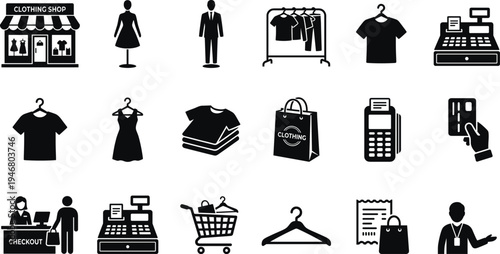 Professional Clothing Shop and Retail Icon Set Featuring Fashion Storefronts Mannequins Cash Registers Credit Card Payments and Apparel Display Silhouettes