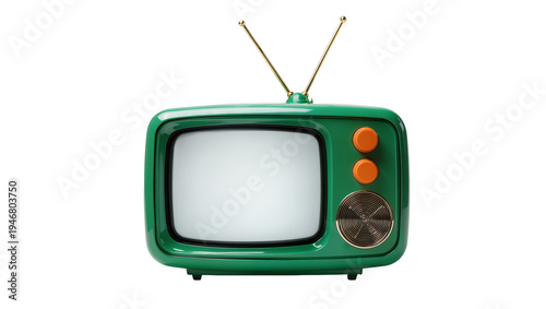 Fotografie Isolated green vintage television set with rabbit-ear antennas and orange contro