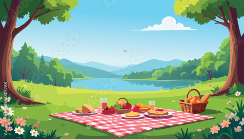 Summer picnic with red blanket, food baskets and fruits on a green meadow near a lake. Beautiful nature landscape with mountains and trees under a blue sky. Vector flat illustration for travel design