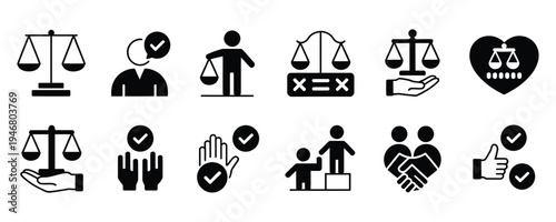 Black icons of justice, Agreement, And approval on white background for business and legal concepts