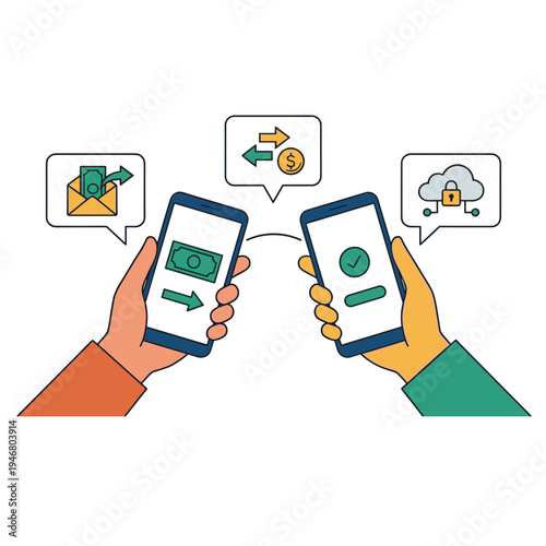 Two hands holding smartphones with money and security icons on screens