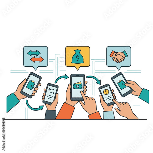 People exchange money and information through mobile phones outdoors