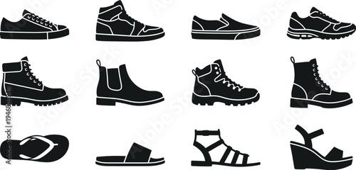 Professional Footwear Icon Set Featuring Sneakers Boots Sandals High Heels Flip Flops and Casual Shoes Silhouettes for Fashion and Retail