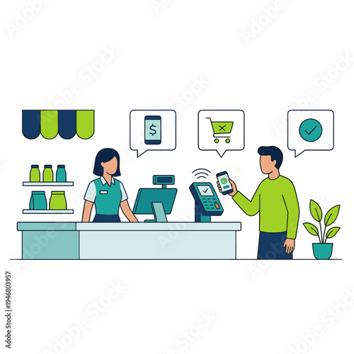 Man pays with phone at store checkout counter with cashier