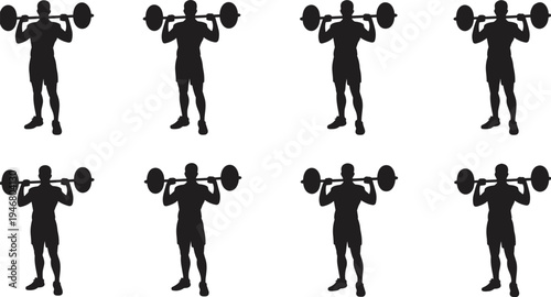 Set of weightlifting athlete silhouettes performing barbell squat exercise, strength training and bodybuilding workout icons isolated for gym fitness, powerlifting and sport design use