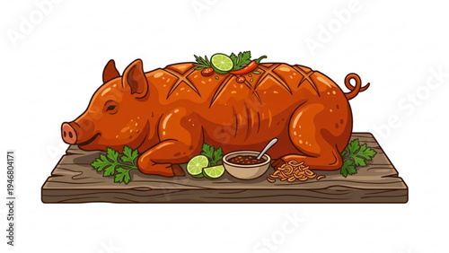 Traditional whole roasted pig served on a wooden board with garnish