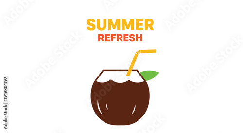 Vector summer refresh drink icon, coconut with straw