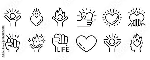 Collection of line icons depicting love, Support, And positivity with hands and hearts