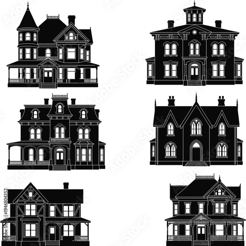 Six black and white Victorian style house with intricate details Victorian houses des