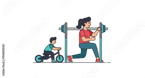 Mother and child exercising together at the gym.