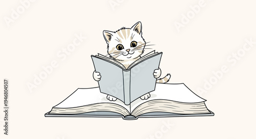 Cat Reading Book Illustration Whiskers Feline.
