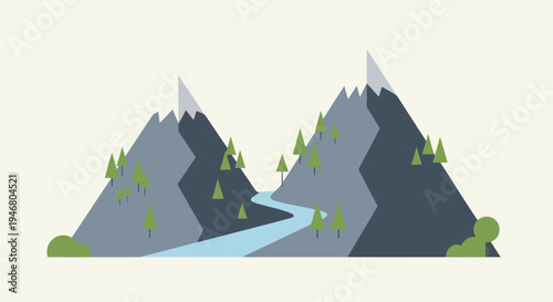 Mountain Peaks with River and Trees Illustration.