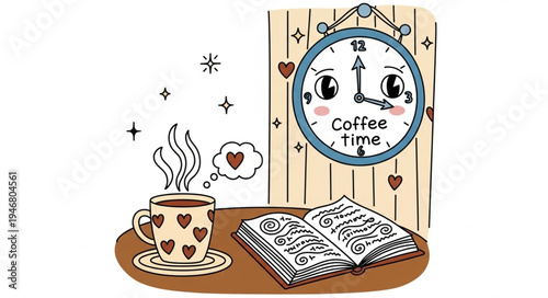 Cozy Coffee Break with a Book and Cute Clock.