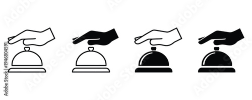 Four black and white cloche server icons with hands in different styles for restaurant and food service concepts