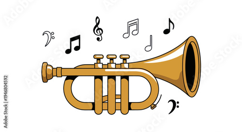 Golden Trumpet with Musical Notes Illustration.