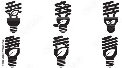 Minimal Energy Saving Light Bulb With Leaf Symbol — Black Solid Eco Lighting Icon Sheet Isolated On White