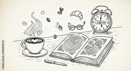 Morning coffee and book with alarm clock illustration.