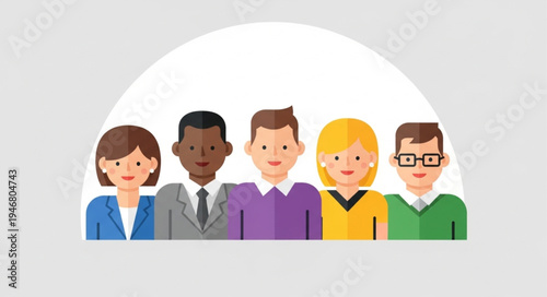 Diverse group of five people standing together in a line.