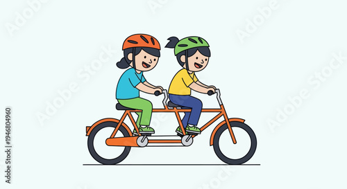 Two Children Riding Tandem Bicycle Together.
