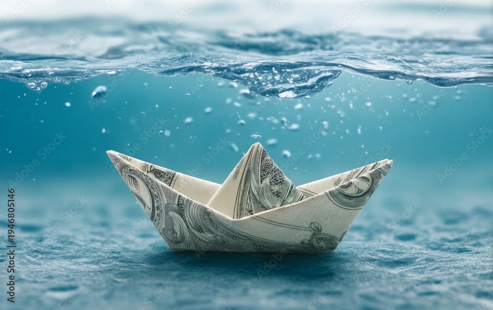 Fototapeta premium Creative Paper Boat Made from Dollar Bill Submerged