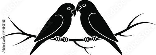 Black silhouette of two lovebirds perched on a tree branch, romantic bird couple vector illustration for wedding, valentines day, and nature wall art decor.