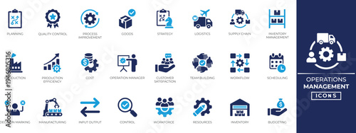 Operations management solid icon set. Containing production, logistics, supply chain, manufacturing, planning, inventory, strategy, customer satisfaction and more. solid icon collection.