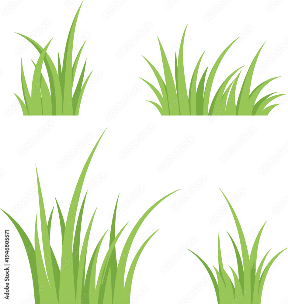 Fototapeta premium Set of green grass tufts and lawn bushes, outdoor nature field vector for landscape garden decoration