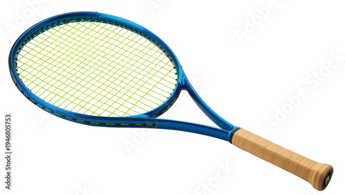 Isolated modern blue tennis racket, featuring bright yellow strings and a classic tan grip.