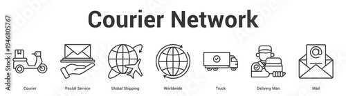 Courier Network web banner icon set vector illustration concept for business with icon of Courier, Postal Service, Global Shipping, Worldwide, Truck, Deliv.