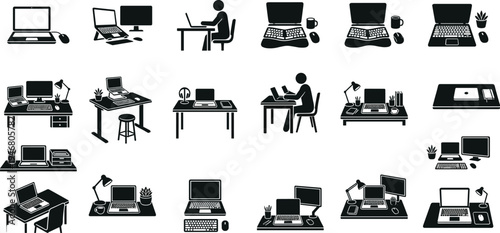 Professional Computer Hardware and Cloud Computing Icon Set Featuring Desktop PC Laptops Servers Hard Drives and Network Infrastructure Silhouettes