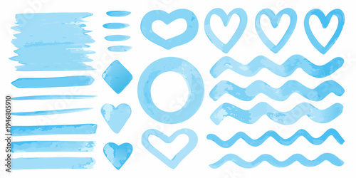 Light blue watercolor shapes and brushstrokes arranged on a white background