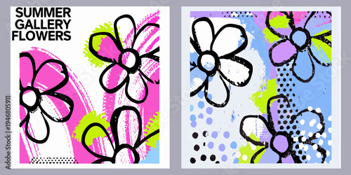 Colorful floral summer gallery posters with abstract brushstroke designs