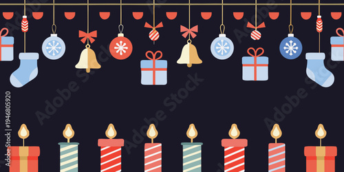 Festive christmas decorations including gifts ornaments stockings and candles