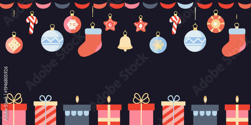 Festive christmas ornaments and gifts hanging against a dark background