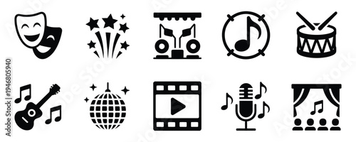 Collection of black icons representing various forms of entertainment and performance