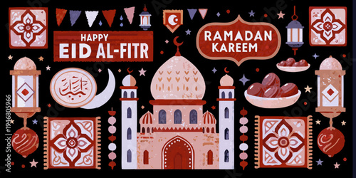 A colorful eid al fitr illustration featuring a mosque and festive decorations