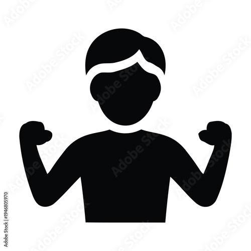 Black silhouette of person flexing arms with white headband muscles