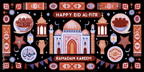 Festive eid al fitr illustration with mosque dates and traditional elements