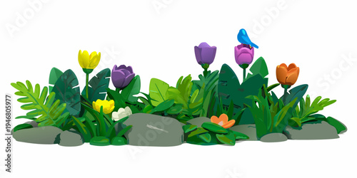 Stylized illustration of colorful tulips a bird and gray stones