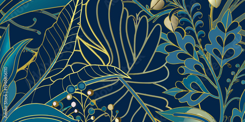 Elegant tropical leaves with gold accents on a deep blue background