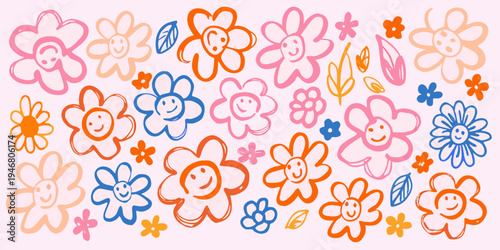 Colorful childlike drawings of smiling flowers on a pink background