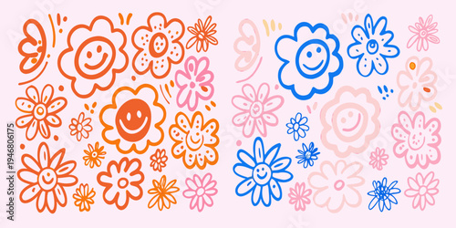 Colorful doodle flowers with smiling faces on a pink background