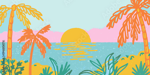 A vibrant illustration of palm trees silhouetted against a sunset
