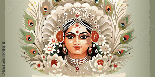 A vibrant artistic depiction of goddess durga with peacock feathers
