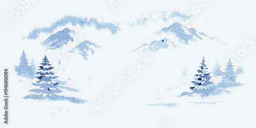 A serene watercolor painting of snow covered mountains and pine trees